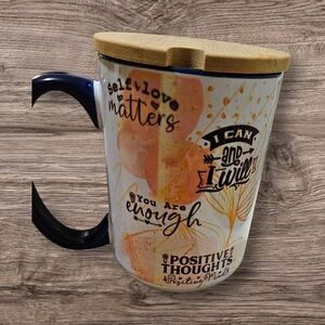 Inspirational Ceramic Mug with Bamboo Lid - Blue and White